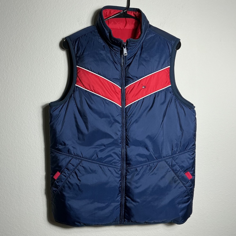 Tommy Hilfiger Puffer Vest Men Small Reversible Navy Red Chevron Quilted‎ Zip Up